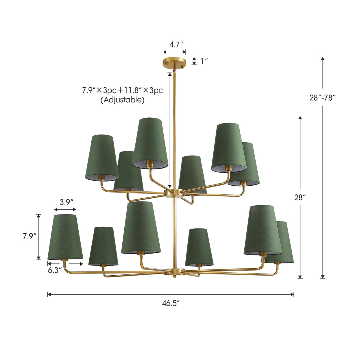 12-Light Dimmable Tiered Classic / Traditional Chandelier With Tapered Green Linen Fabric Shades