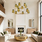 12-Light Dimmable Tiered Classic / Traditional Chandelier With Tapered Green Linen Fabric Shades