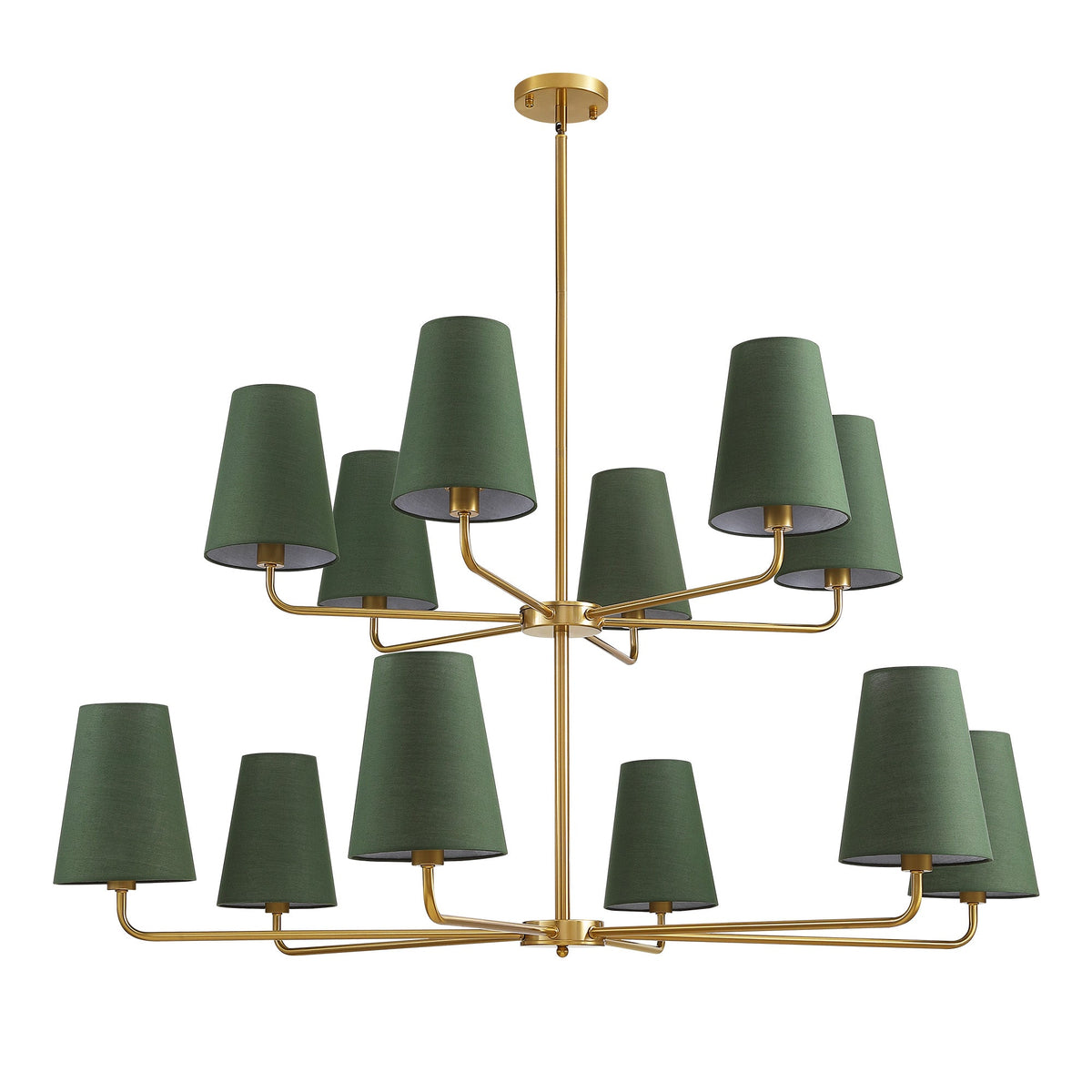 12-Light Dimmable Tiered Classic / Traditional Chandelier With Tapered Green Linen Fabric Shades