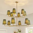 12-Light Dimmable Tiered Classic / Traditional Chandelier With Tapered Green Linen Fabric Shades