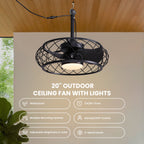 20in Indoor/Outdoor Black LED Waterproof Cage Ceiling Fan Light with Dimming and Timer (Includes Remote Control)
