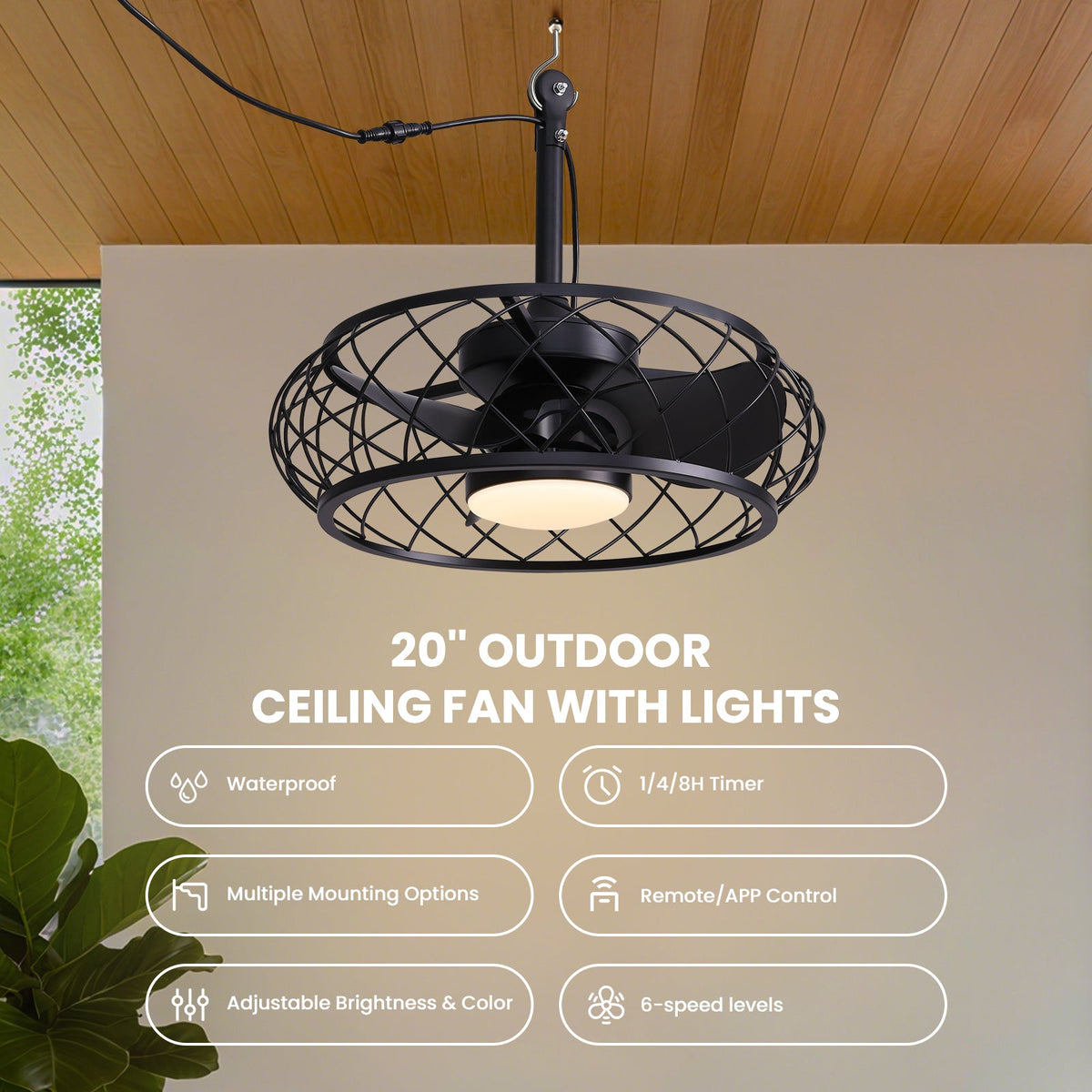 20in Indoor/Outdoor Black LED Waterproof Cage Ceiling Fan Light with Dimming and Timer (Includes Remote Control)