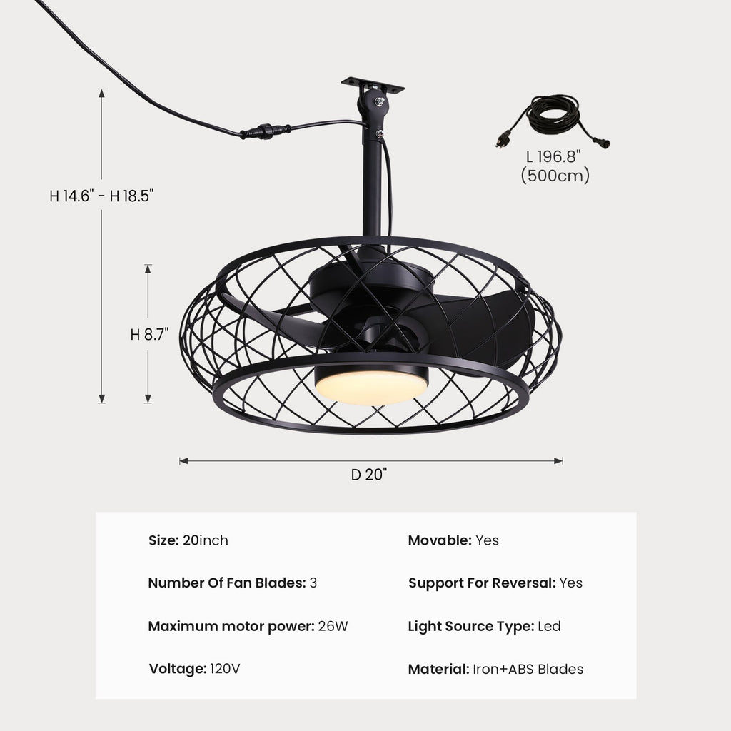 20in Indoor/Outdoor Black LED Waterproof Cage Ceiling Fan Light with Dimming and Timer (Includes Remote Control)