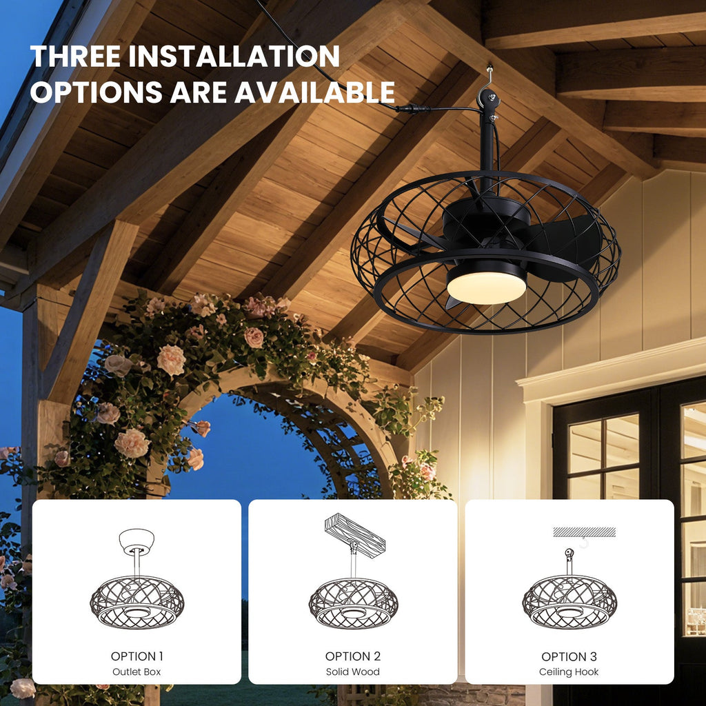 20in Indoor/Outdoor Black LED Waterproof Cage Ceiling Fan Light with Dimming and Timer (Includes Remote Control)