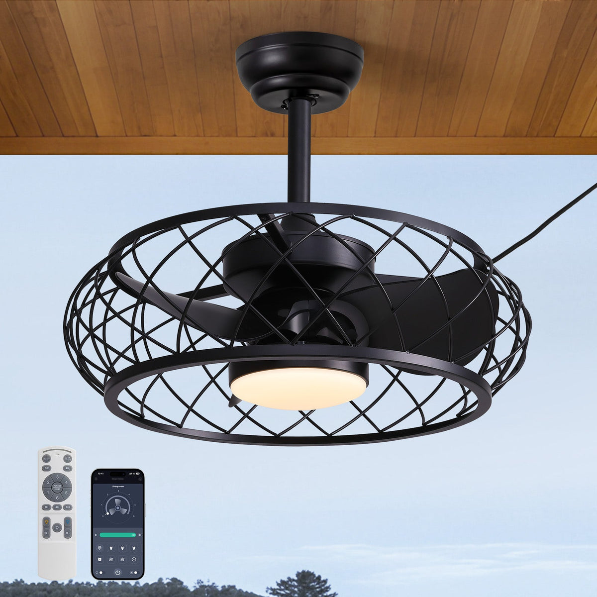 20in Indoor/Outdoor Black LED Waterproof Cage Ceiling Fan Light with Dimming and Timer (Includes Remote Control)