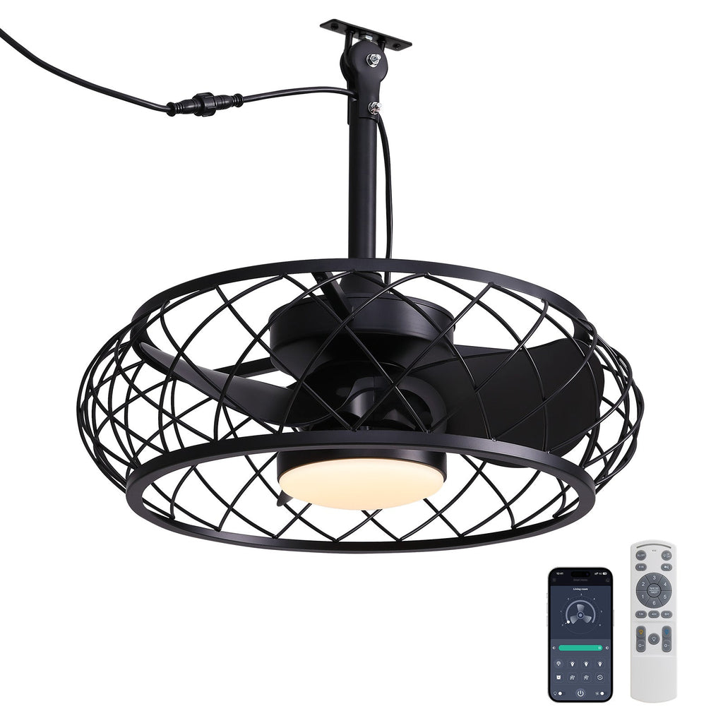 20in Indoor/Outdoor Black LED Waterproof Cage Ceiling Fan Light with Dimming and Timer (Includes Remote Control)