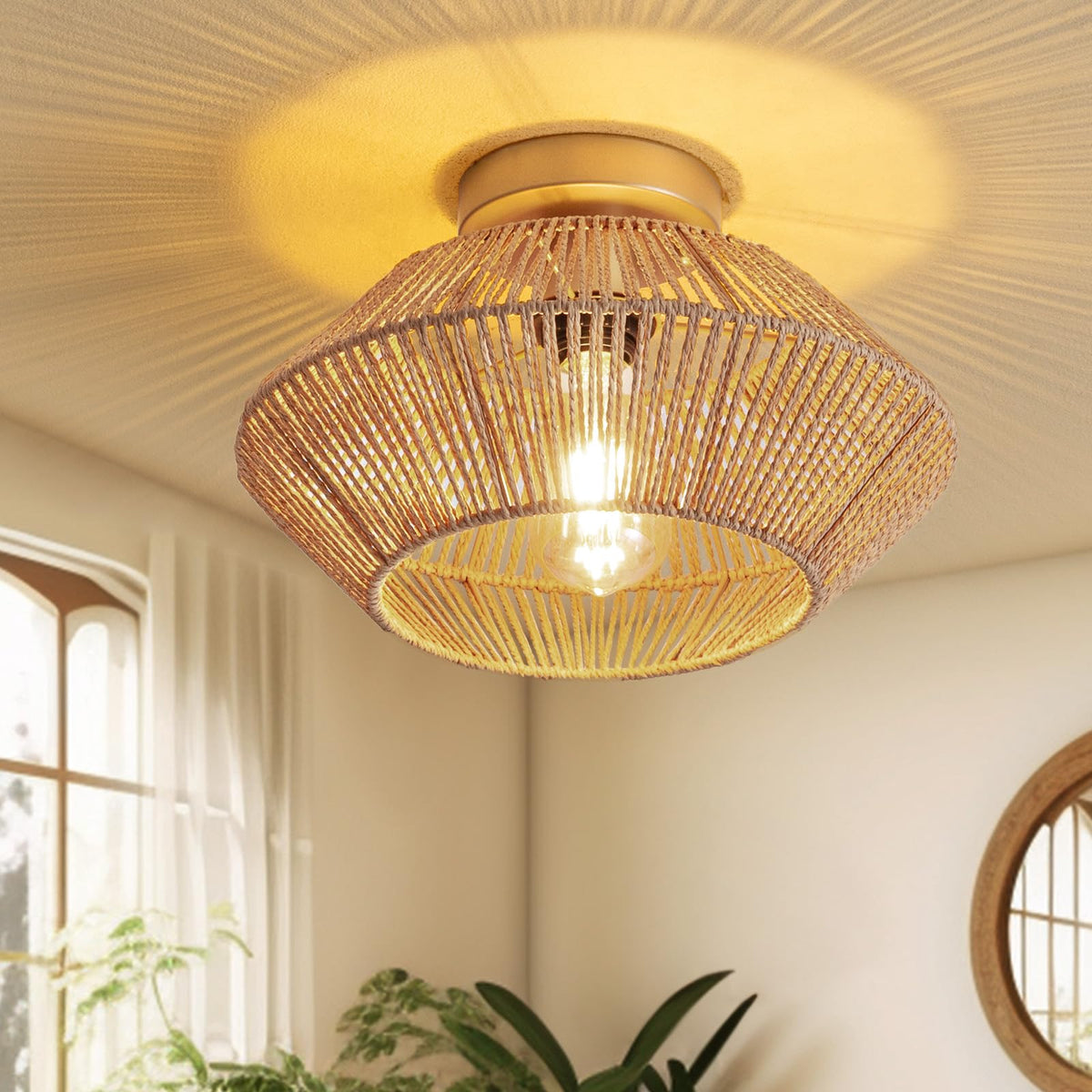 Boho Hand-Woven Rattan Flush Mount Ceiling Light - Gold
