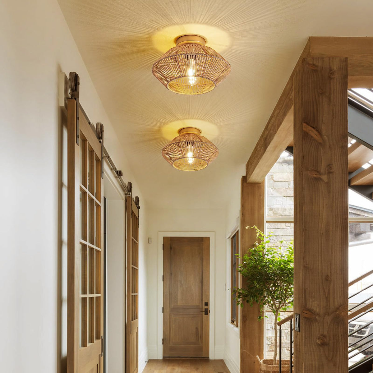 Boho Hand-Woven Rattan Flush Mount Ceiling Light - Gold