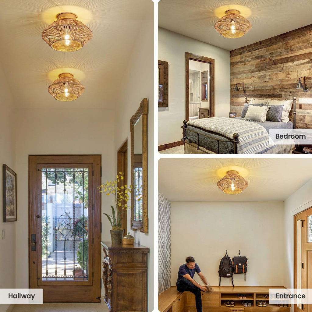 Boho Hand-Woven Rattan Flush Mount Ceiling Light - Gold