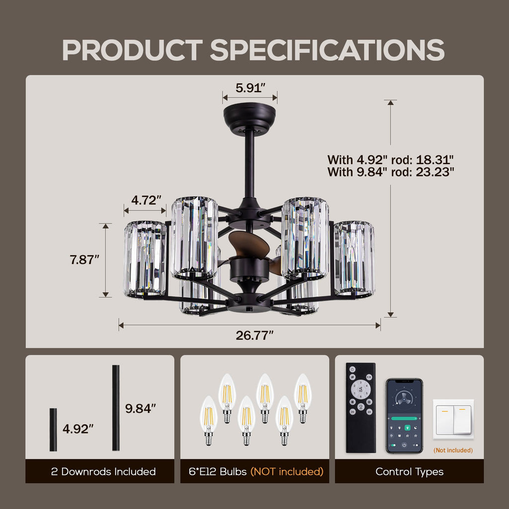 27in Crystal & Iron Ceiling Fan with ABS Blades, 3-Speed & 6-Light, Reversible