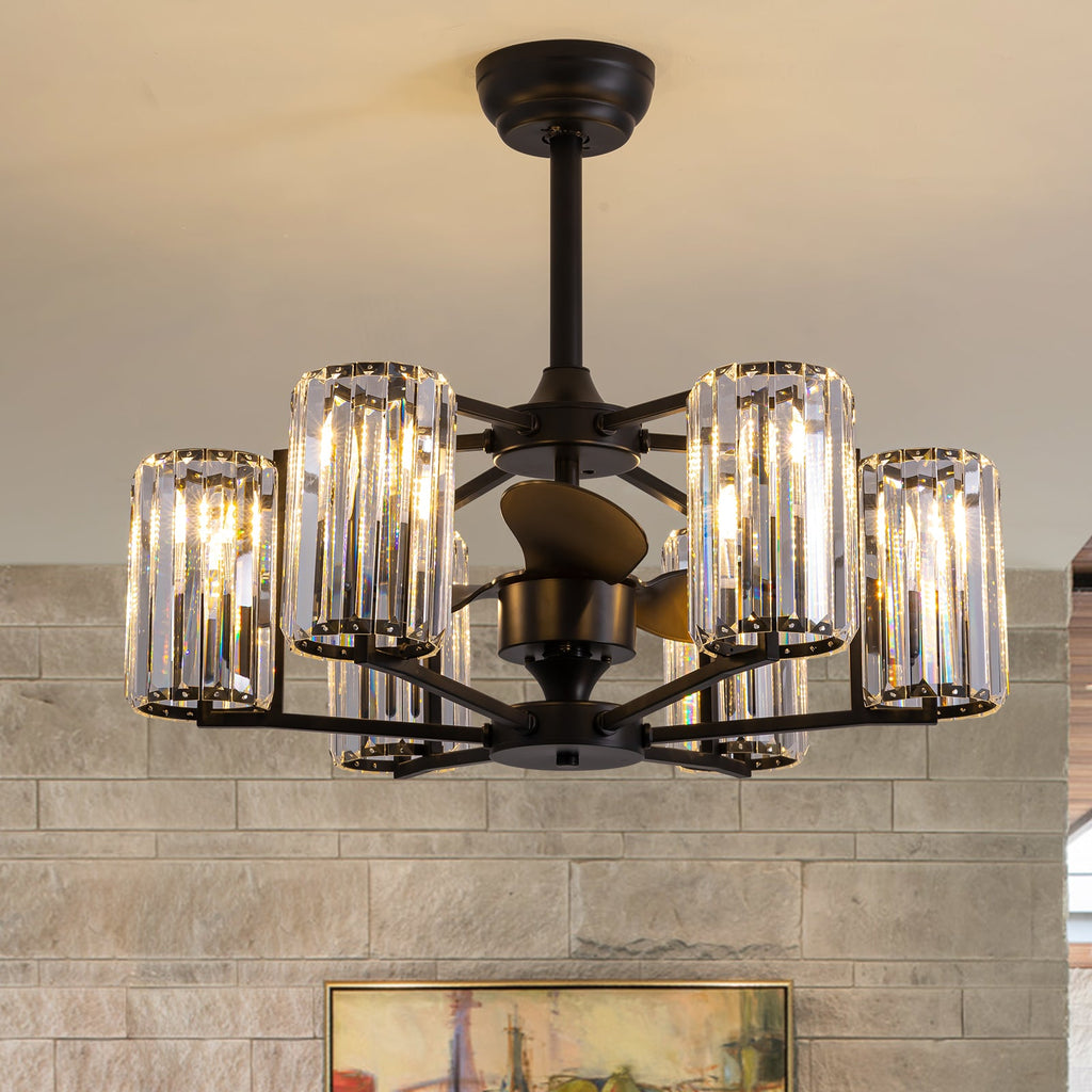 27in Crystal & Iron Ceiling Fan with ABS Blades, 3-Speed & 6-Light, Reversible