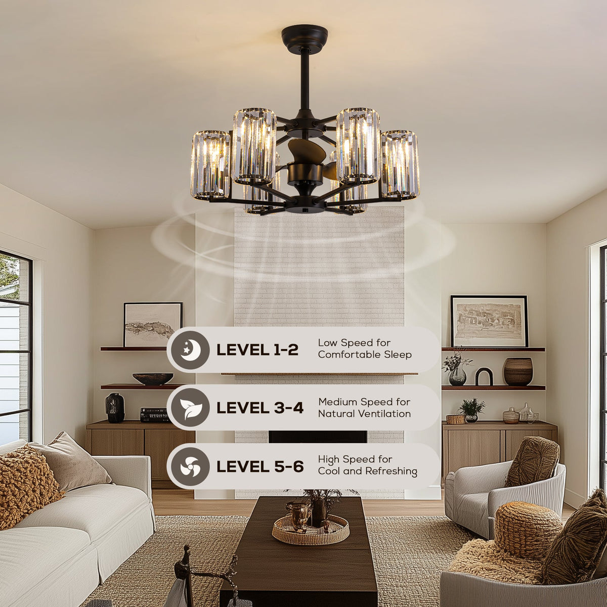 27in Crystal & Iron Ceiling Fan with ABS Blades, 3-Speed & 6-Light, Reversible