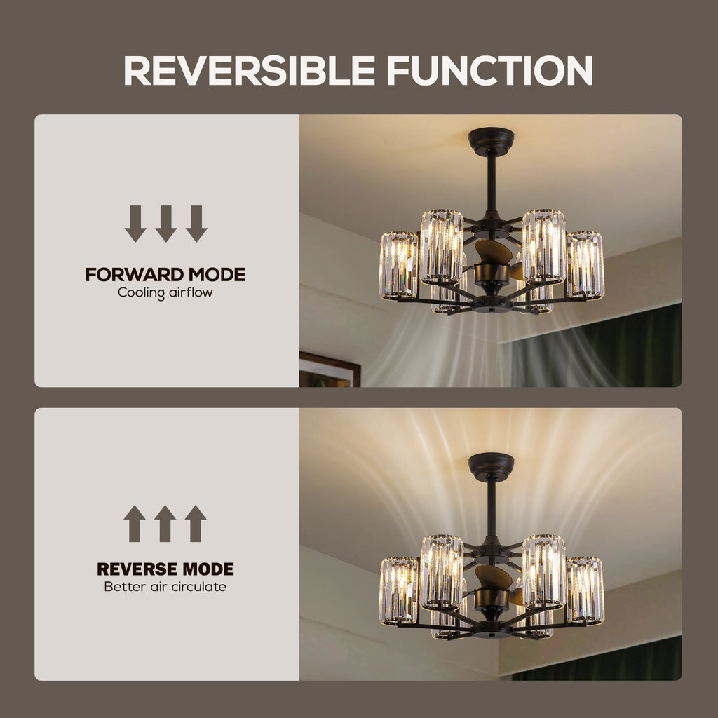 27in Crystal & Iron Ceiling Fan with ABS Blades, 3-Speed & 6-Light, Reversible