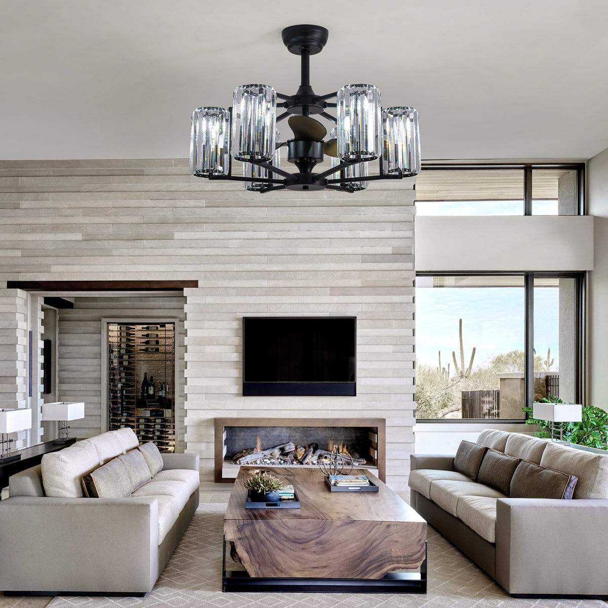 27in Crystal & Iron Ceiling Fan with ABS Blades, 3-Speed & 6-Light, Reversible
