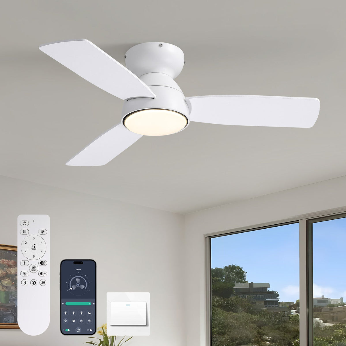 32 in. Integrated LED Standard Smart Indoor Modern Matte White Flush Mount Ceiling Fan with Remote & App Control