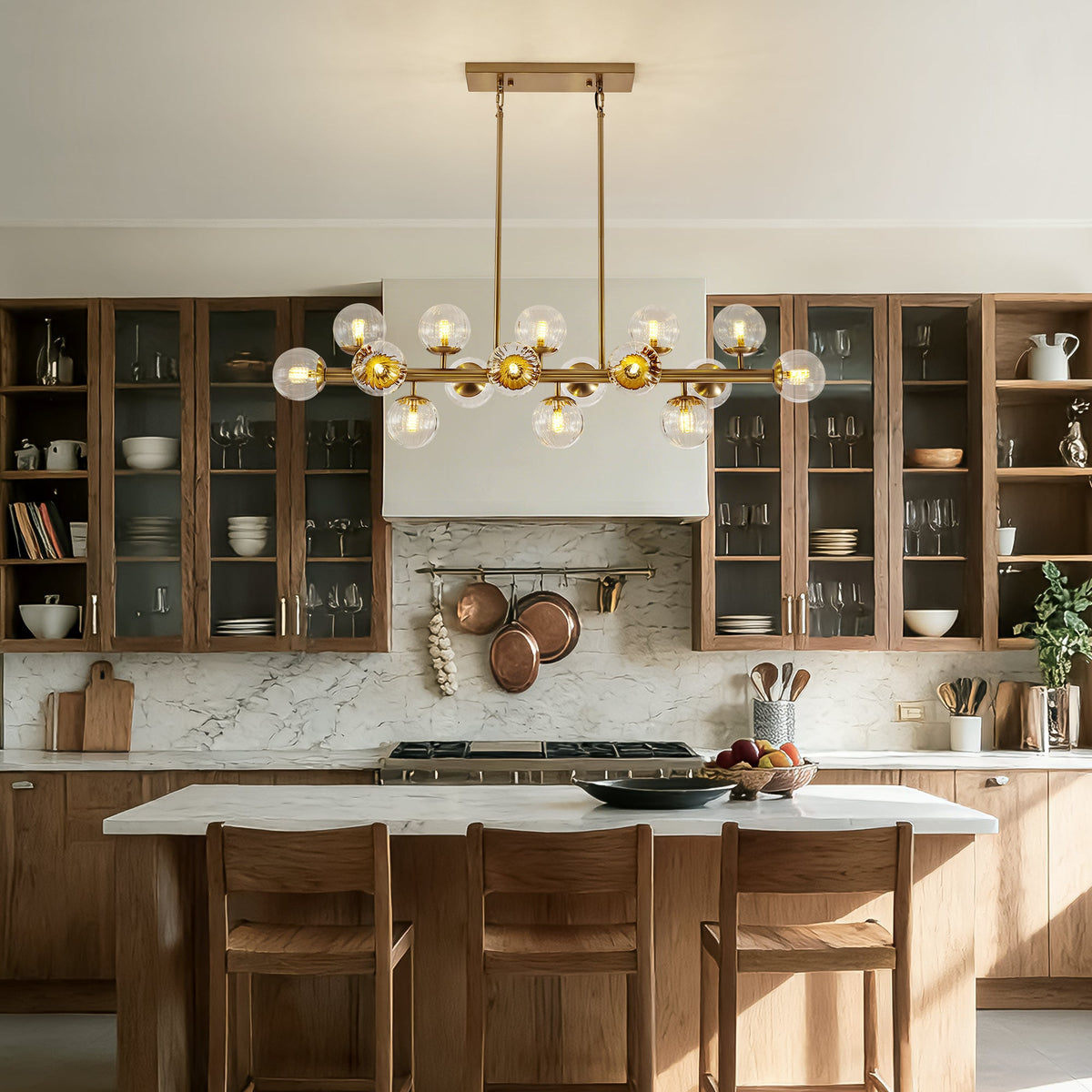16 Lights Gold Rectangle Chandelier with Clear Glass Globes for Kitchen Island(No Bulbs Included)