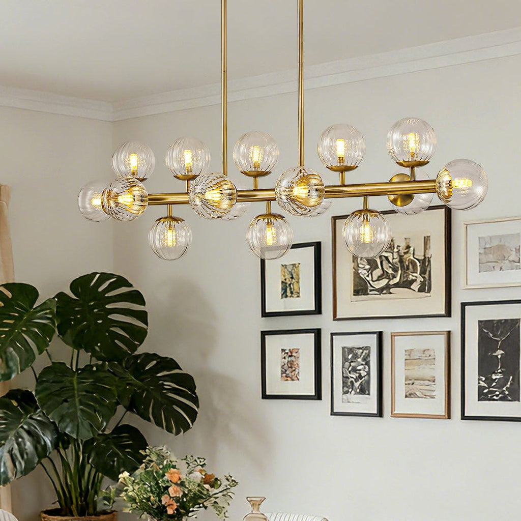 16 Lights Gold Rectangle Chandelier with Clear Glass Globes for Kitchen Island(No Bulbs Included)