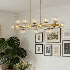16 Lights Gold Rectangle Chandelier with Clear Glass Globes for Kitchen Island(No Bulbs Included)