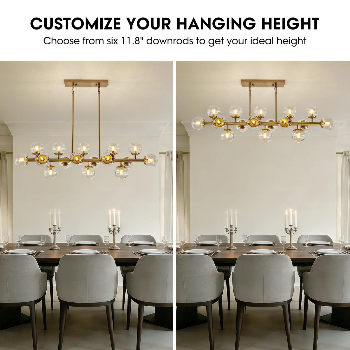16 Lights Gold Rectangle Chandelier with Clear Glass Globes for Kitchen Island(No Bulbs Included)