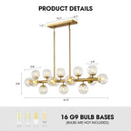 16 Lights Gold Rectangle Chandelier with Clear Glass Globes for Kitchen Island(No Bulbs Included)