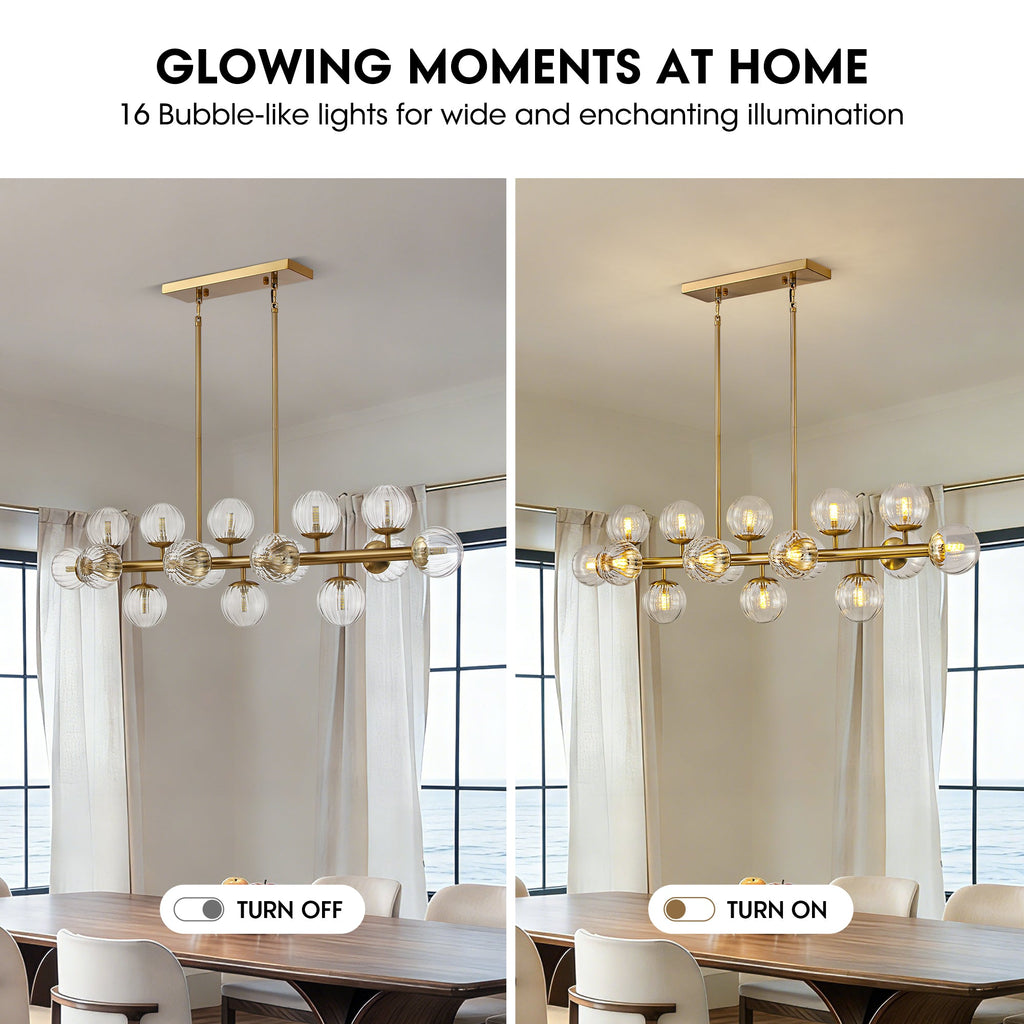 16 Lights Gold Rectangle Chandelier with Clear Glass Globes for Kitchen Island(No Bulbs Included)