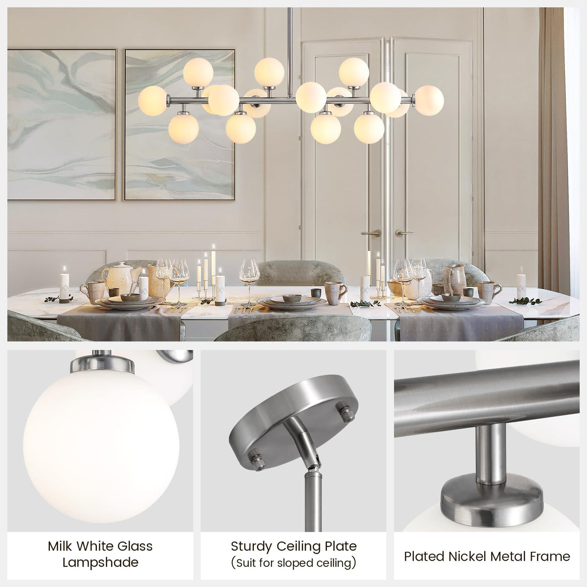 16 Lights Modern Pendant Light Glass Globe Linear Chandelier Light Fixture for Kitchen Island
