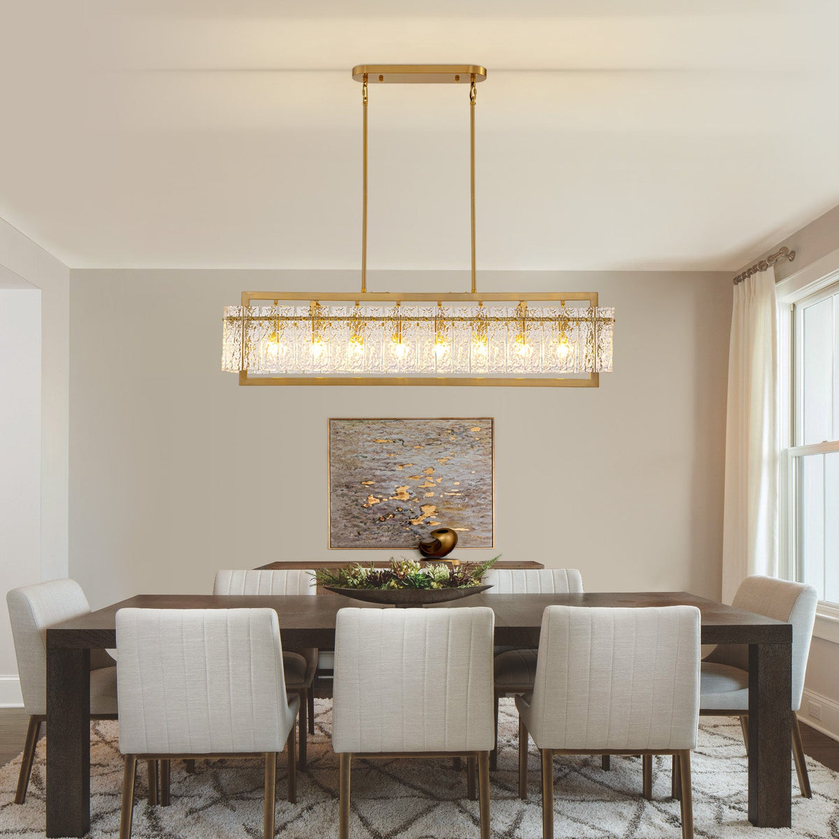 Modern 8-Light Gold Rectangle Ripple Glass Luxury Linear Chandelier for Dining Room with no bulbs included
