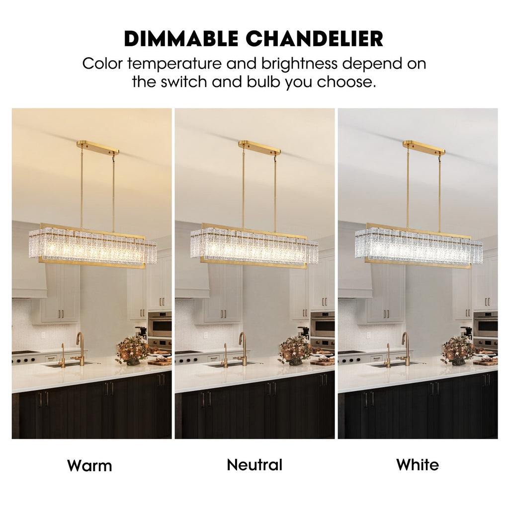 Modern 8-Light Gold Rectangle Ripple Glass Luxury Linear Chandelier for Dining Room with no bulbs included