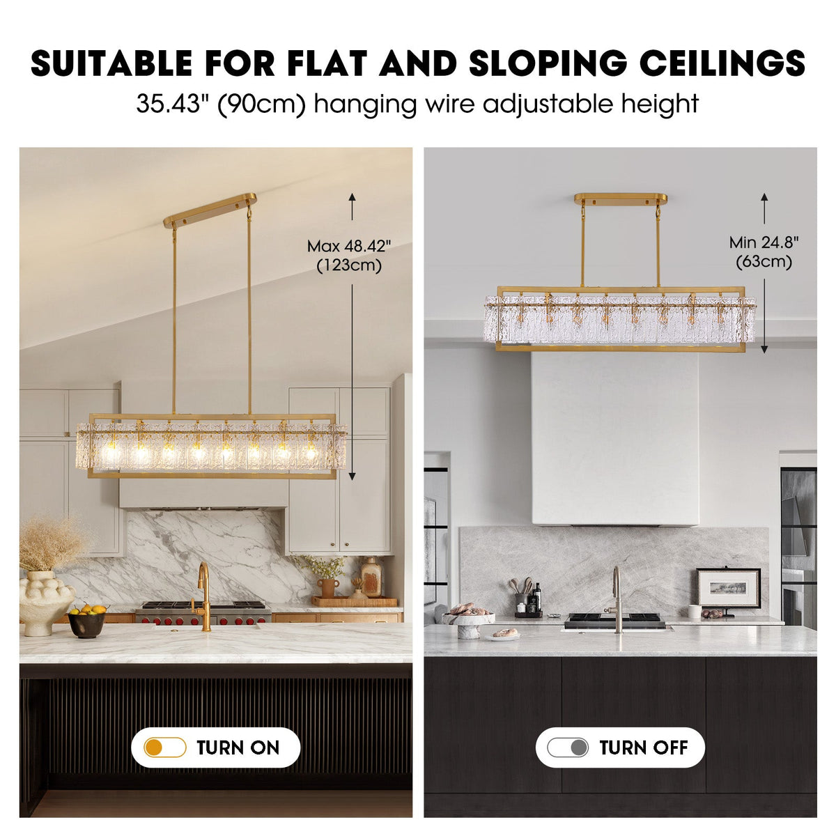 Modern 8-Light Gold Rectangle Ripple Glass Luxury Linear Chandelier for Dining Room with no bulbs included