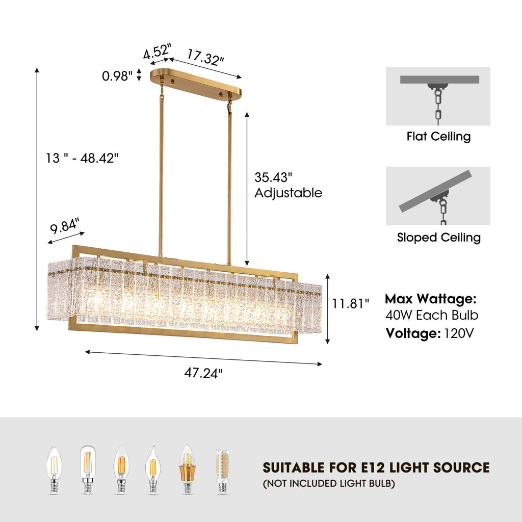 Modern 8-Light Gold Rectangle Ripple Glass Luxury Linear Chandelier for Dining Room with no bulbs included