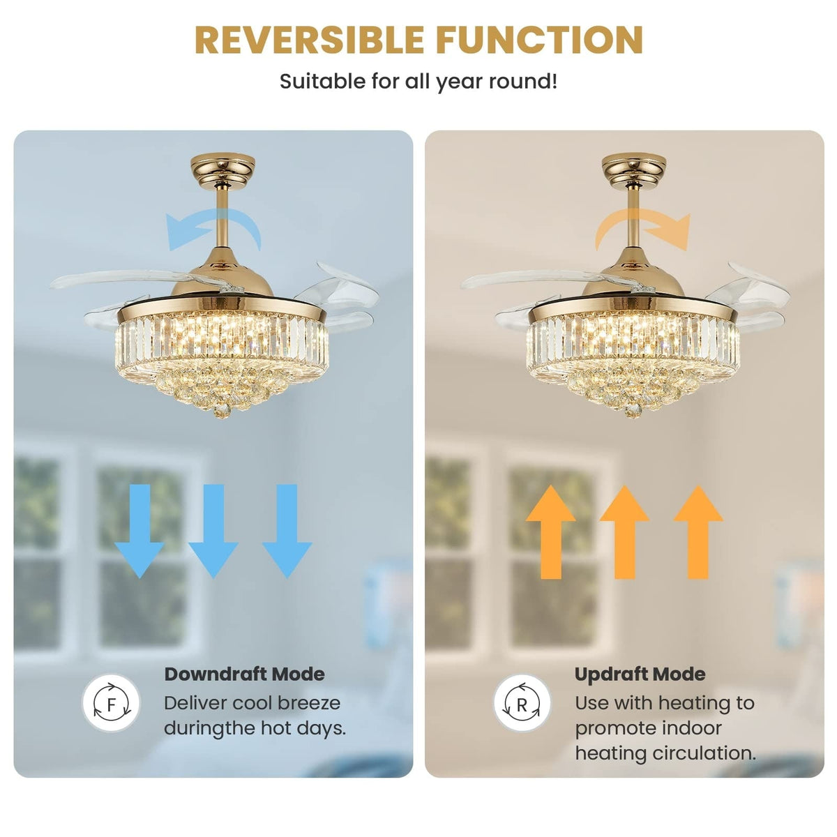 42 in. Modern Downrod Mount Indoor Retractable Fandelier Gold Crystal Ceiling Fan with Integrated LED and Remote/APP