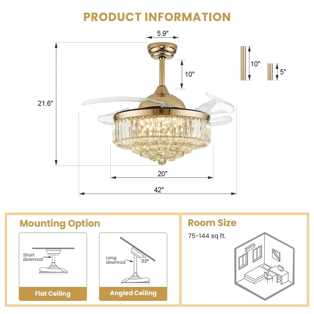 42 in. Modern Downrod Mount Indoor Retractable Fandelier Gold Crystal Ceiling Fan with Integrated LED and Remote/APP