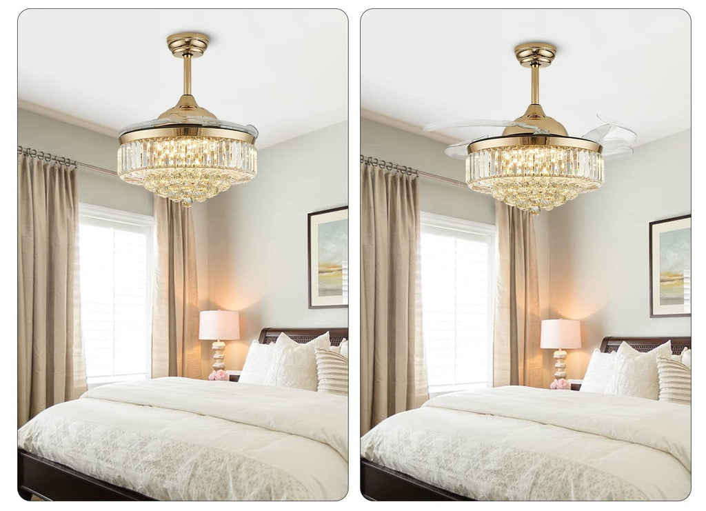 42 in. Modern Downrod Mount Indoor Retractable Fandelier Gold Crystal Ceiling Fan with Integrated LED and Remote/APP