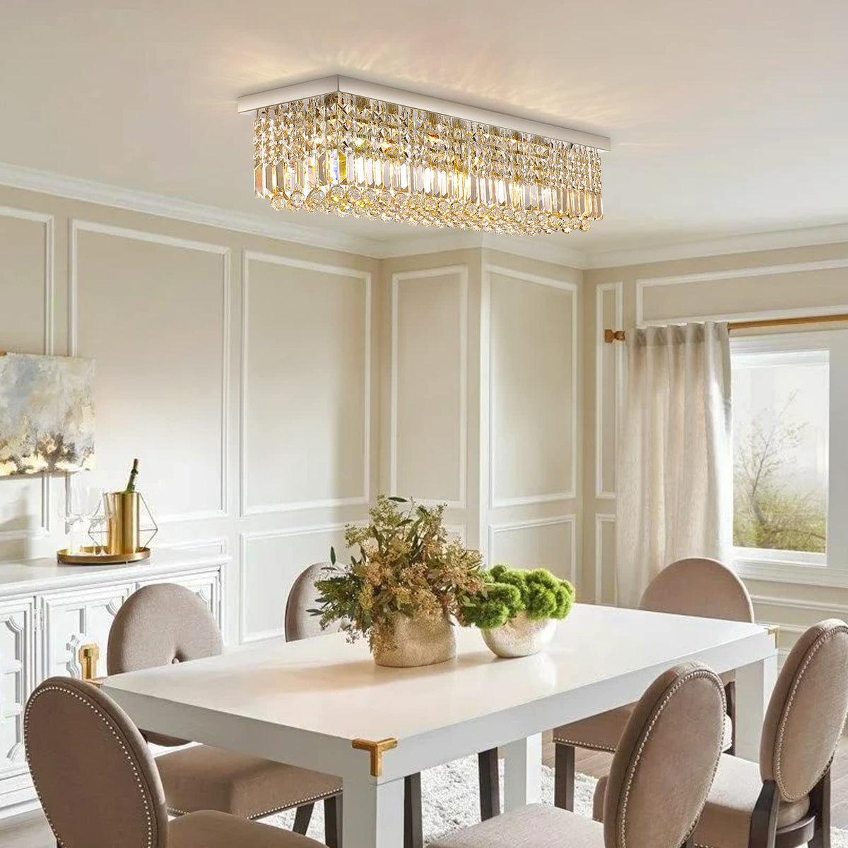 8-Lights Rectangle Crystal Chandelier Flush Mount Ceiling Light