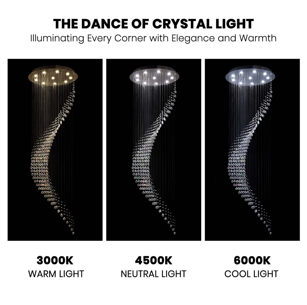 10-Lights Modern Dimming Raindrop Clear Crystals Spiral Staircase Chandelier for Staircases Villas Entryway