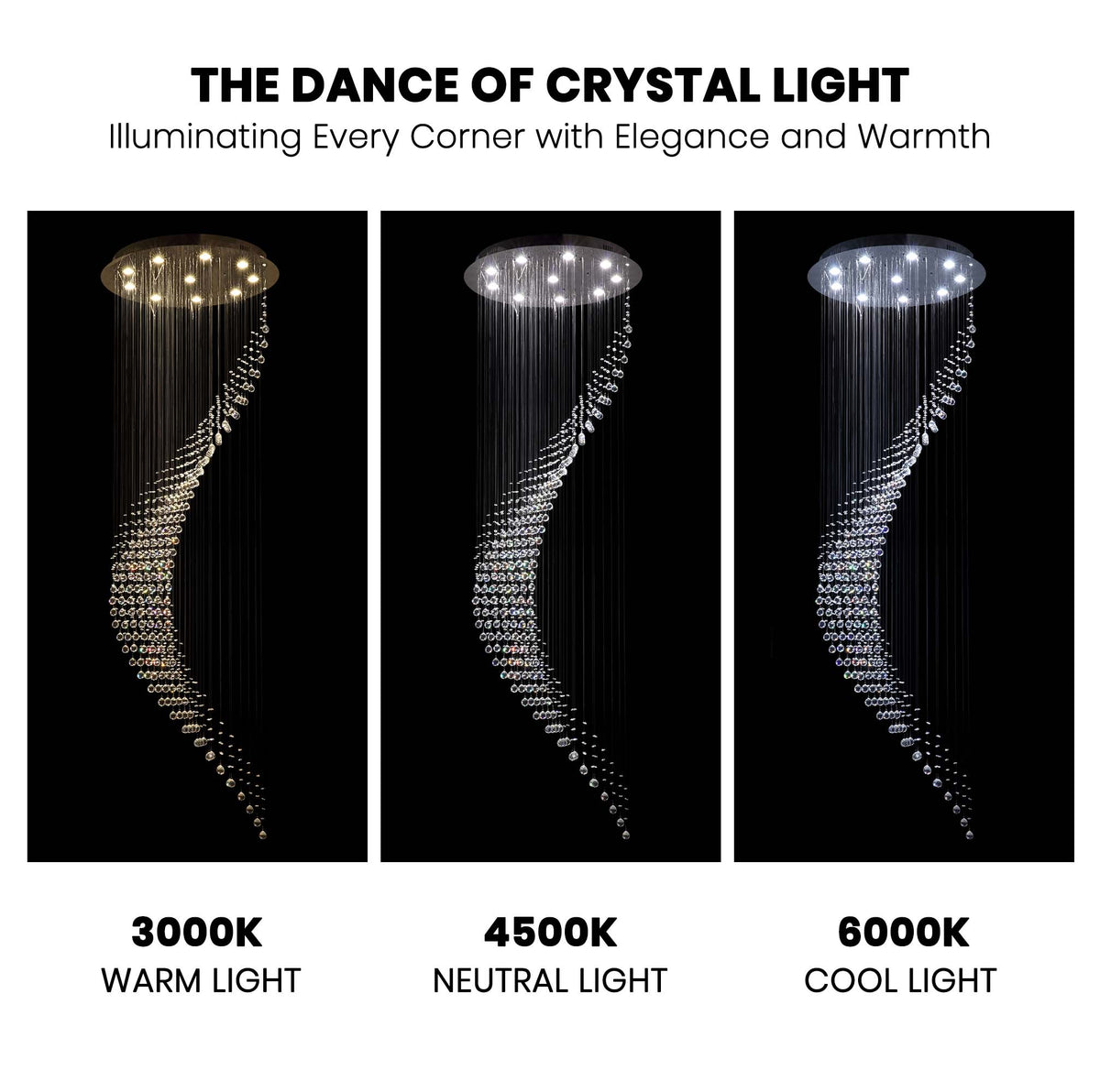 10-Lights Modern Dimming Raindrop Clear Crystals Spiral Staircase Chandelier for Staircases Villas Entryway