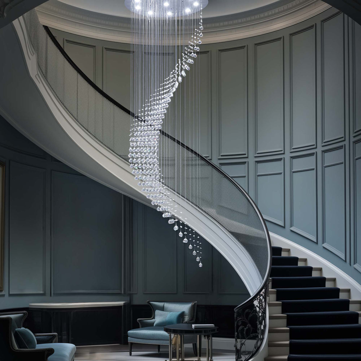 10-Lights Modern Dimming Raindrop Clear Crystals Spiral Staircase Chandelier for Staircases Villas Entryway