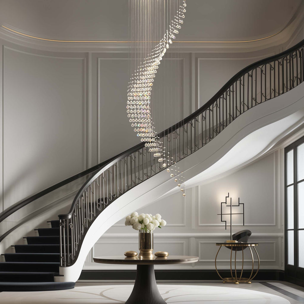 10-Lights Modern Dimming Raindrop Clear Crystals Spiral Staircase Chandelier for Staircases Villas Entryway