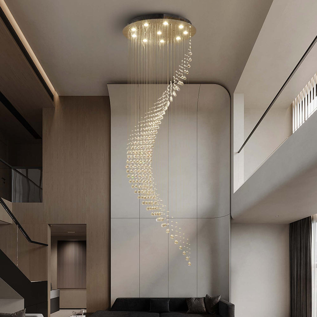 10-Lights Modern Dimming Raindrop Clear Crystals Spiral Staircase Chandelier for Staircases Villas Entryway