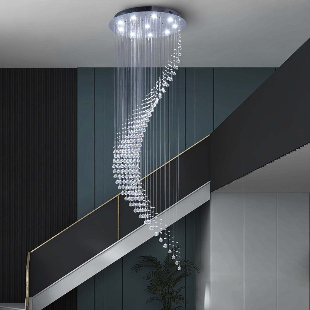 10-Lights Modern Dimming Raindrop Clear Crystals Spiral Staircase Chandelier for Staircases Villas Entryway