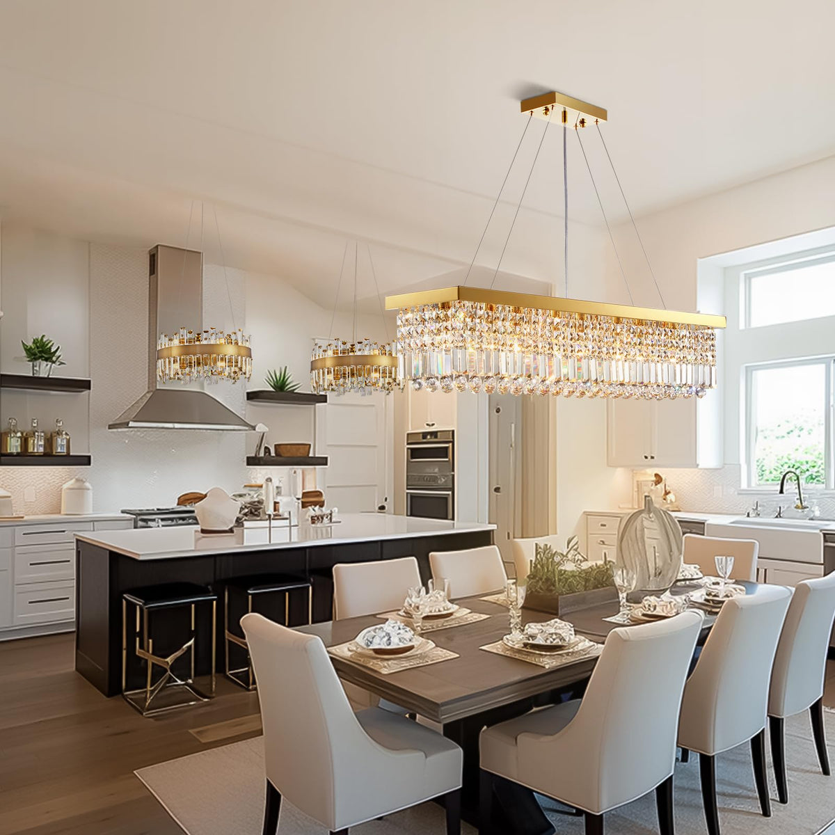 40 in. Modern 8-Light Gold Rectangular Raindrop Crystal Hanging Chandelier Pendant Light for Dining Room(No Bulbs)