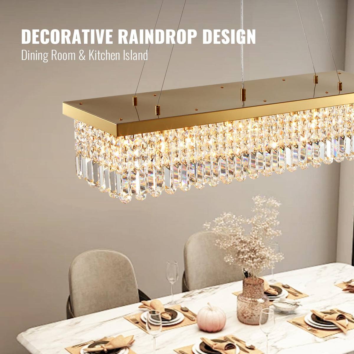 40 in. Modern 8-Light Gold Rectangular Raindrop Crystal Hanging Chandelier Pendant Light for Dining Room(No Bulbs)