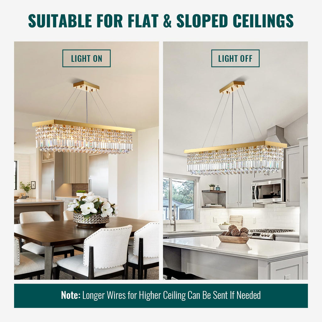 40 in. Modern 8-Light Gold Rectangular Raindrop Crystal Hanging Chandelier Pendant Light for Dining Room(No Bulbs)