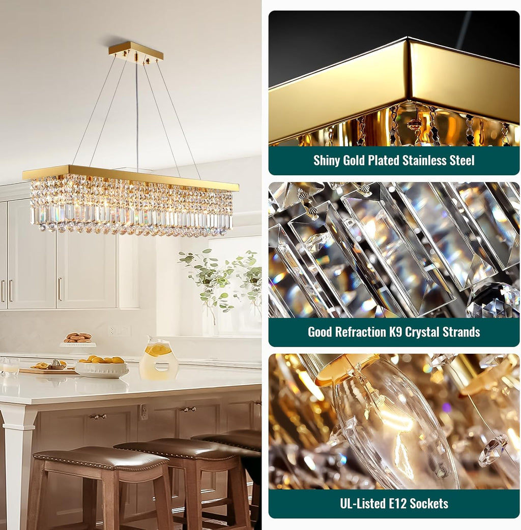 40 in. Modern 8-Light Gold Rectangular Raindrop Crystal Hanging Chandelier Pendant Light for Dining Room(No Bulbs)