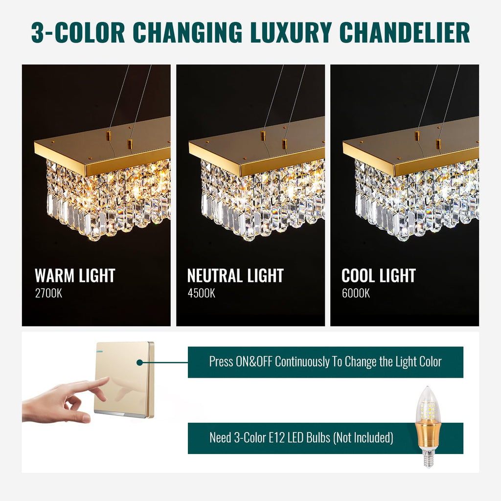40 in. Modern 8-Light Gold Rectangular Raindrop Crystal Hanging Chandelier Pendant Light for Dining Room(No Bulbs)