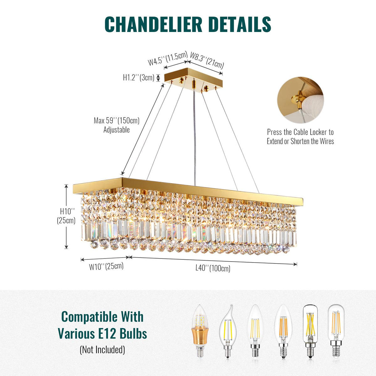 40 in. Modern 8-Light Gold Rectangular Raindrop Crystal Hanging Chandelier Pendant Light for Dining Room(No Bulbs)