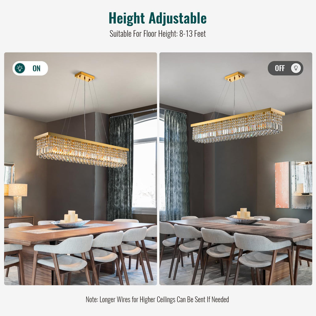 10-Light Gold Modern Raindrop Rectangle Chandelier for Dining Room with No Bulbs Included