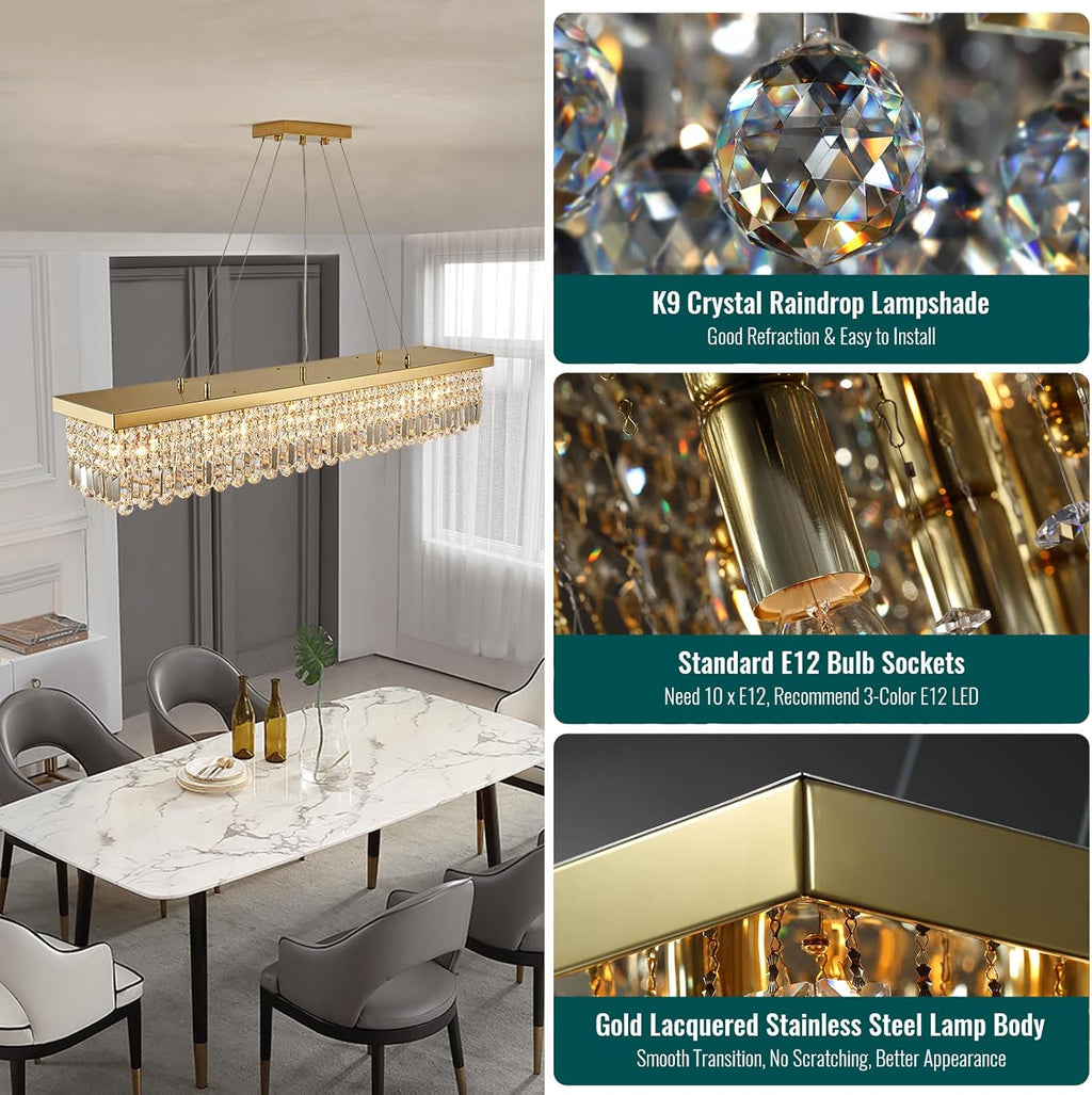 10-Light Gold Modern Raindrop Rectangle Chandelier for Dining Room with No Bulbs Included