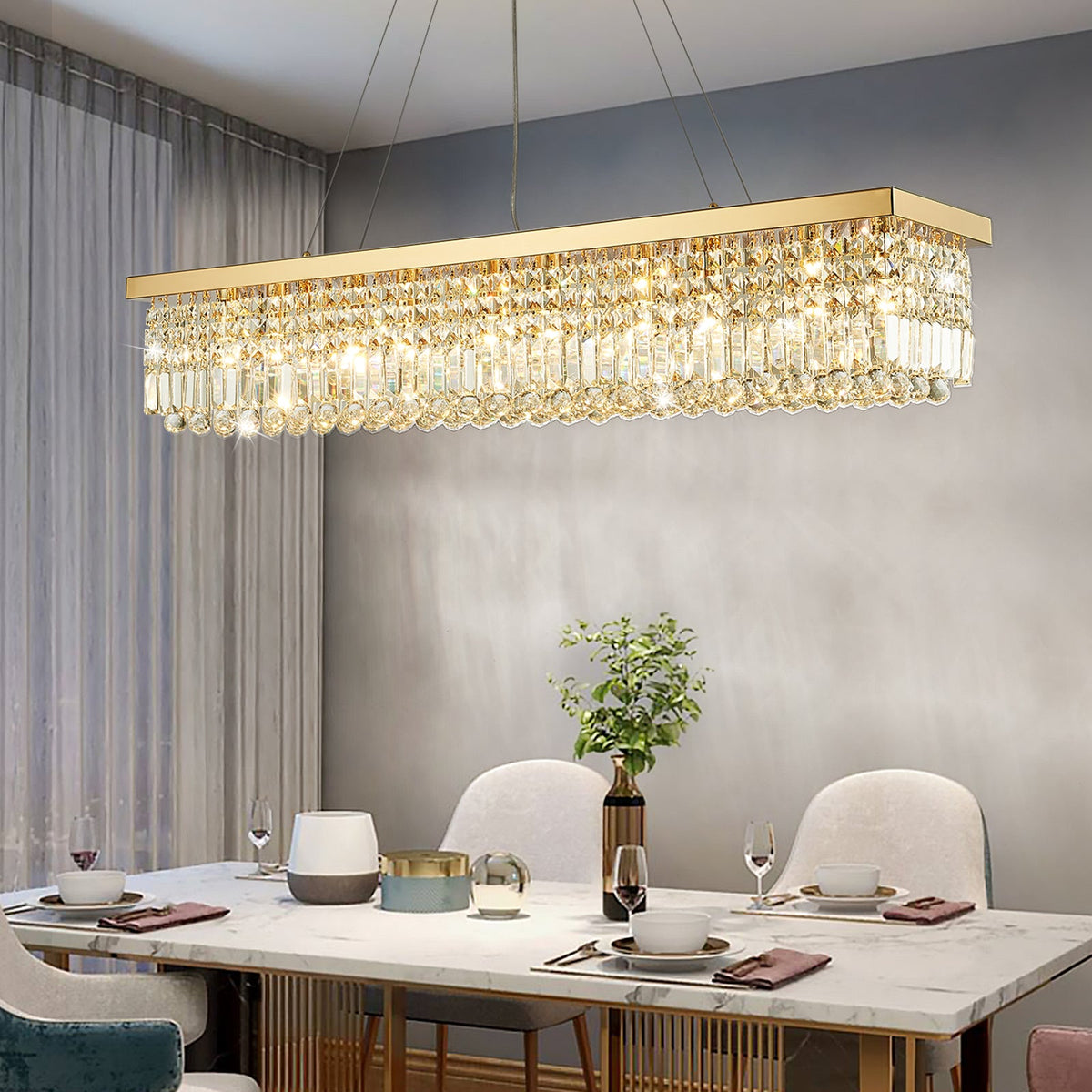 10-Light Gold Modern Raindrop Rectangle Chandelier for Dining Room with No Bulbs Included
