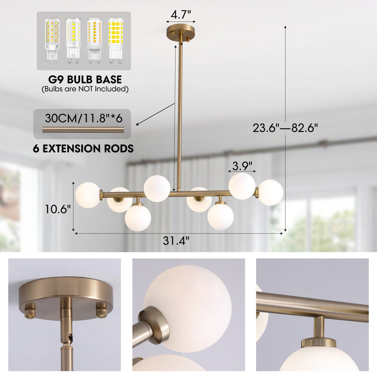 32 in. 8-Light Modern Dimmable Bubble Glass Sputnik Gold Glass Globe Chandelier for Dining Room and Living Room